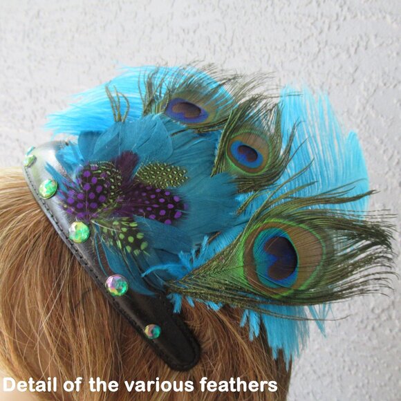 Deco inspired headband, 20s Flapper style, Peacock, blue, teal feathers on black - Picture 5 of 12